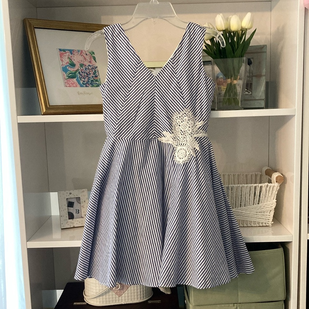 Blue and white striped dress